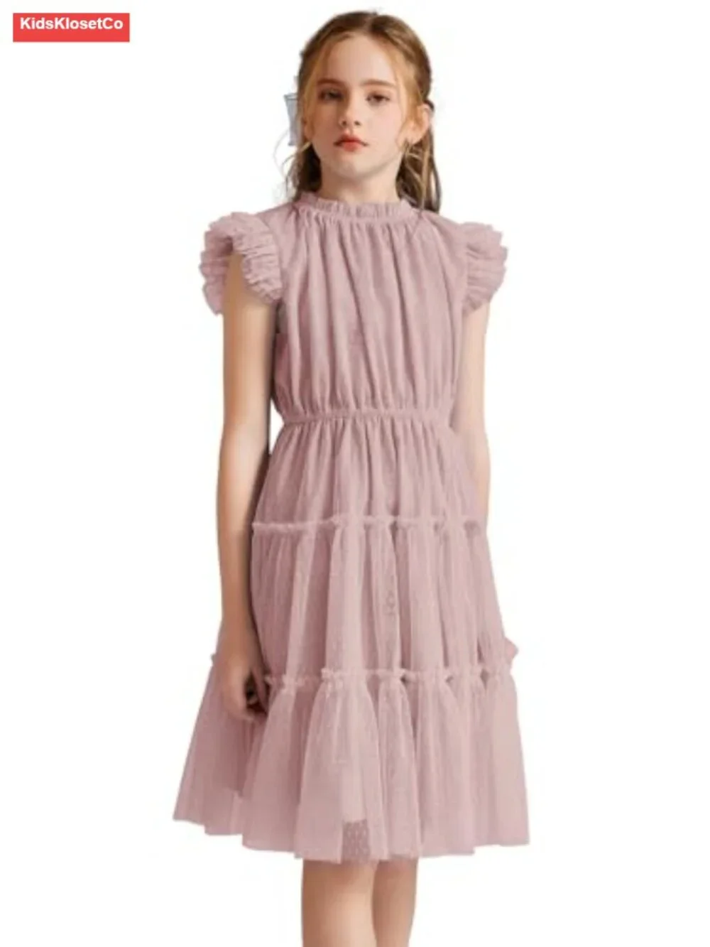 Girls Tulle Dress Three Layers Ruffle Sleeve Tiered Skirt Party Casual